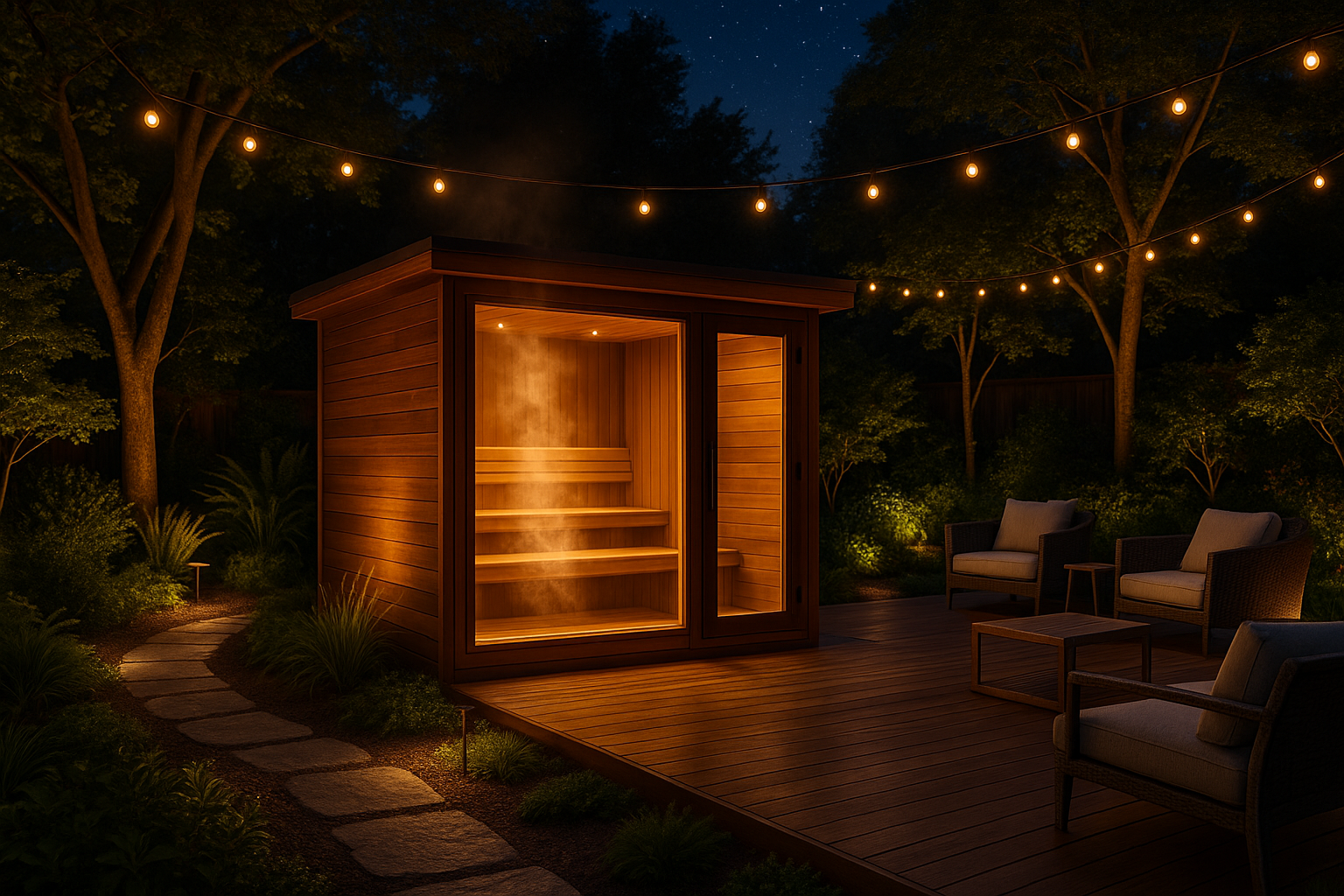 luxury outdoor sauna in a garden at night